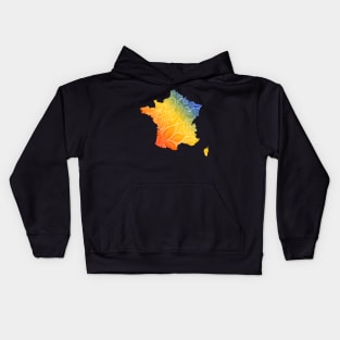 Colorful mandala art map of France with text in blue, yellow, and red Kids Hoodie